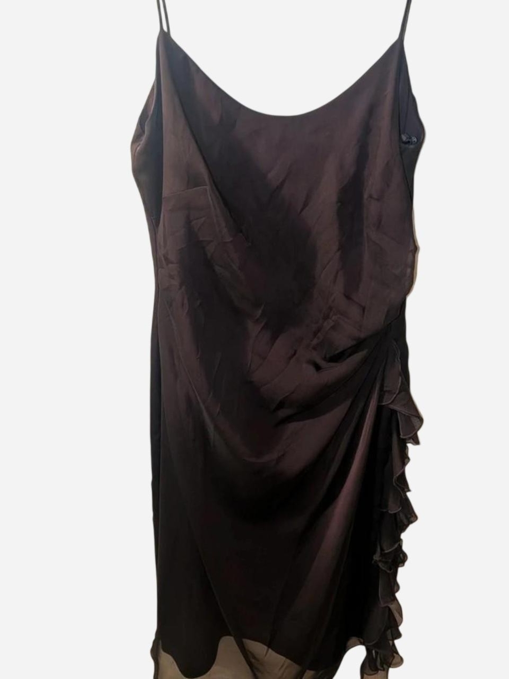 Satin Ruffle-Trim Dress in Dark Eggplant Color